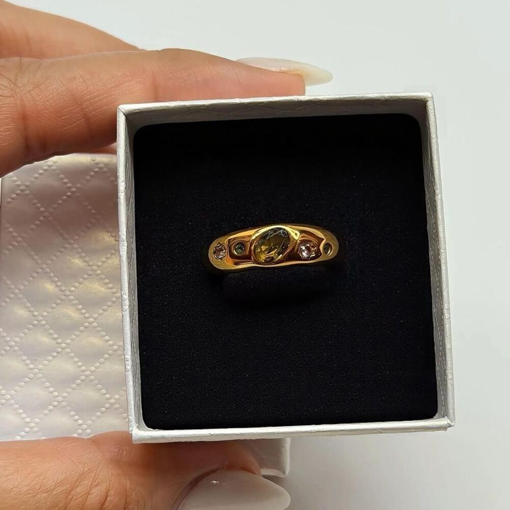 18K Gold Plated Stainless Steel Mixed Zircon Dome Ring + Jewelry Pouch